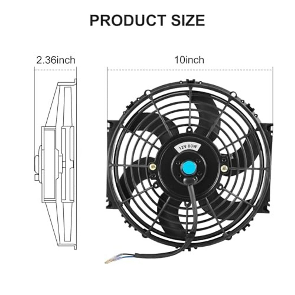 Black 10-inch cooling fan assembly shown with side profile and front view dimensions