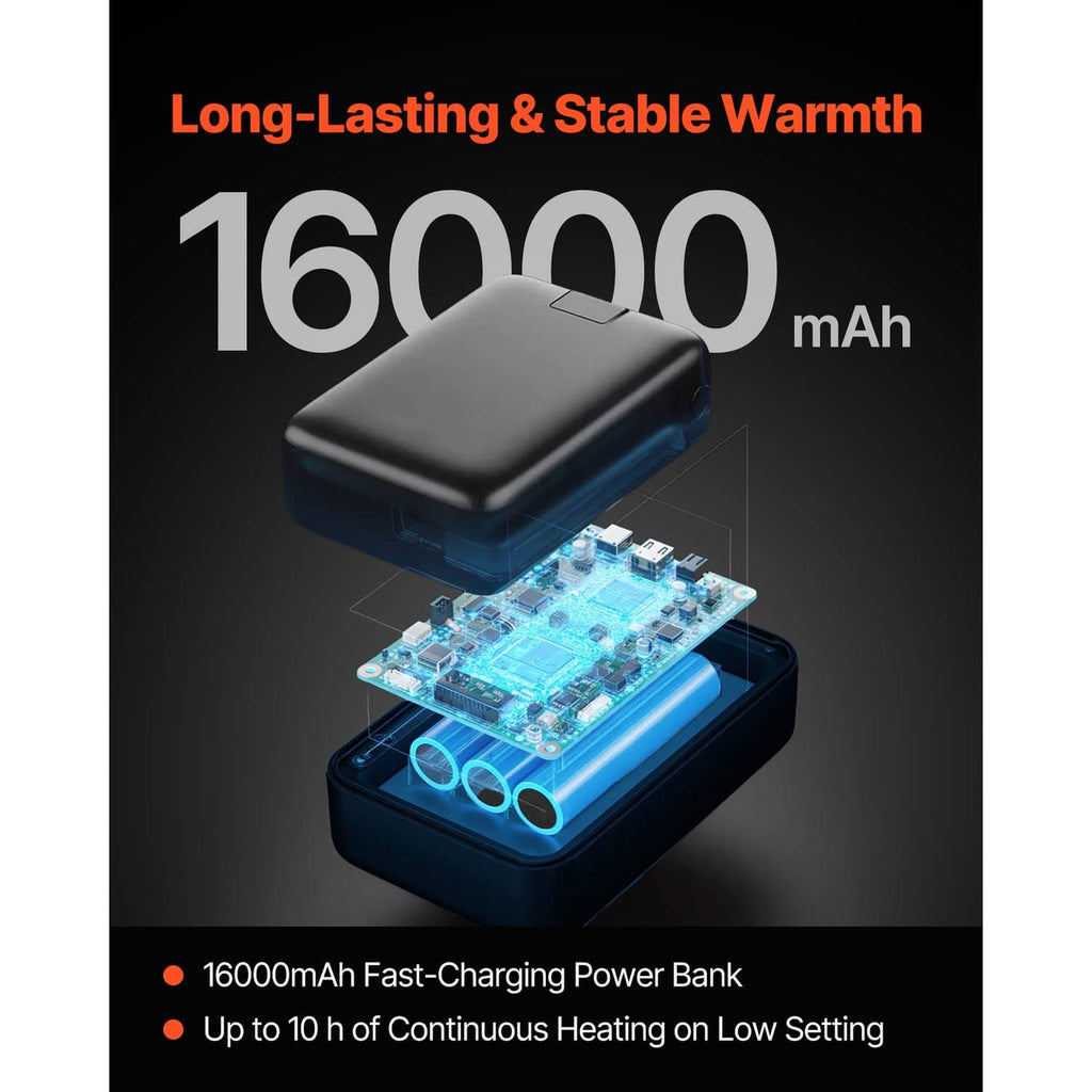 Black heated jacket power bank with circuit graphic and 16000 mAh label