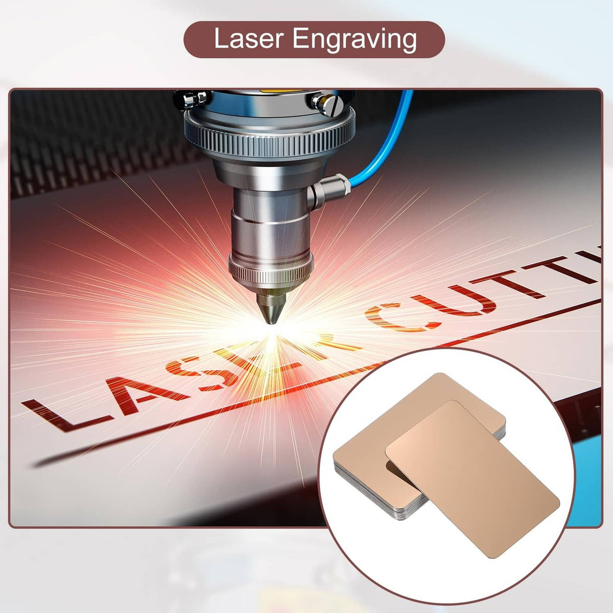 Rose gold metal business cards with laser engraving, blank card piece close-up