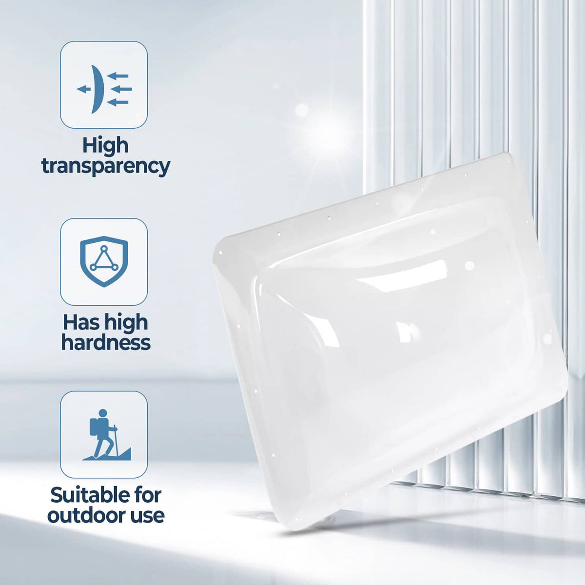 Clear plastic RV skylight cover with dome bubble top; high-transparency panel