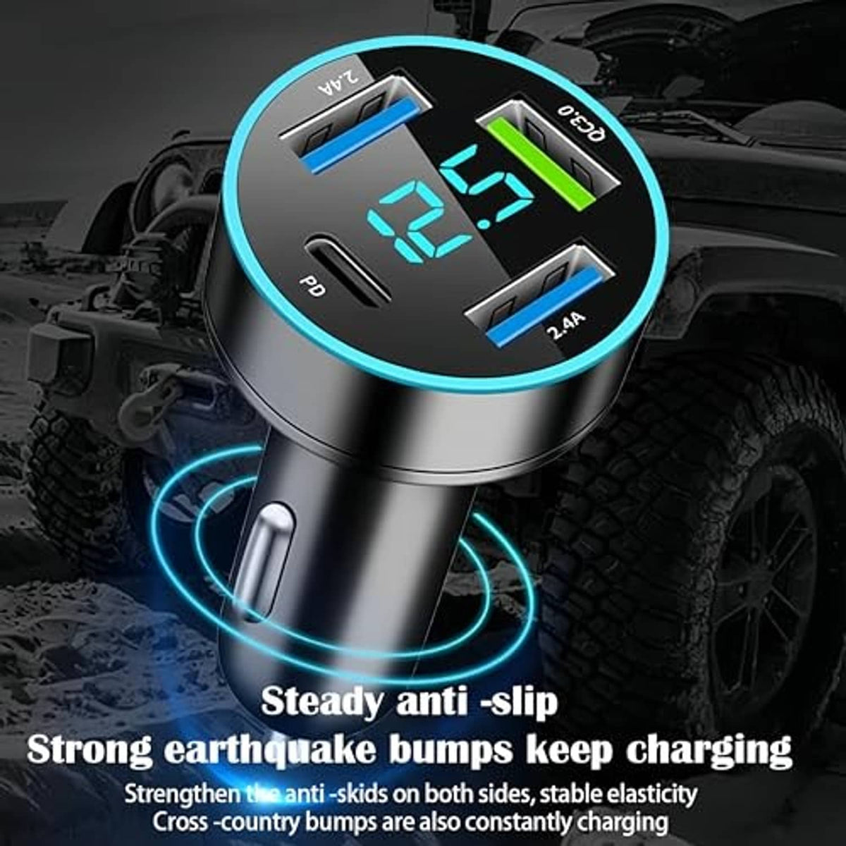 Black 4-port USB car charger with blue LED display and anti-slip base