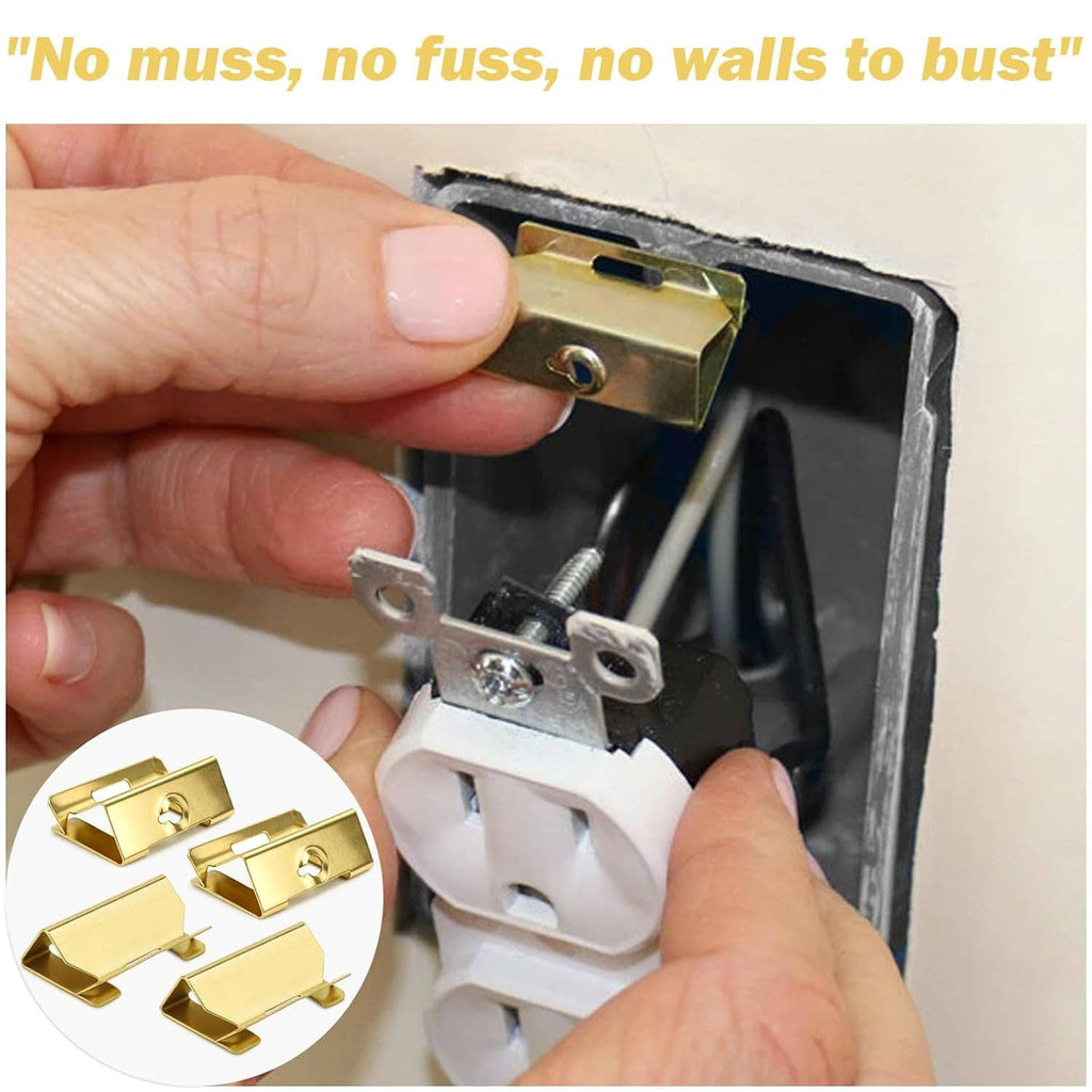 Electrical box repair clip held to outlet interior, gold metal with round hole and prongs