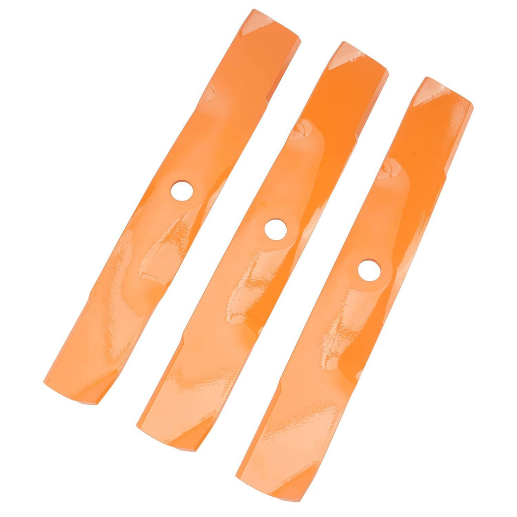 Orange lawn mower blades, three flat blades with round mounting holes