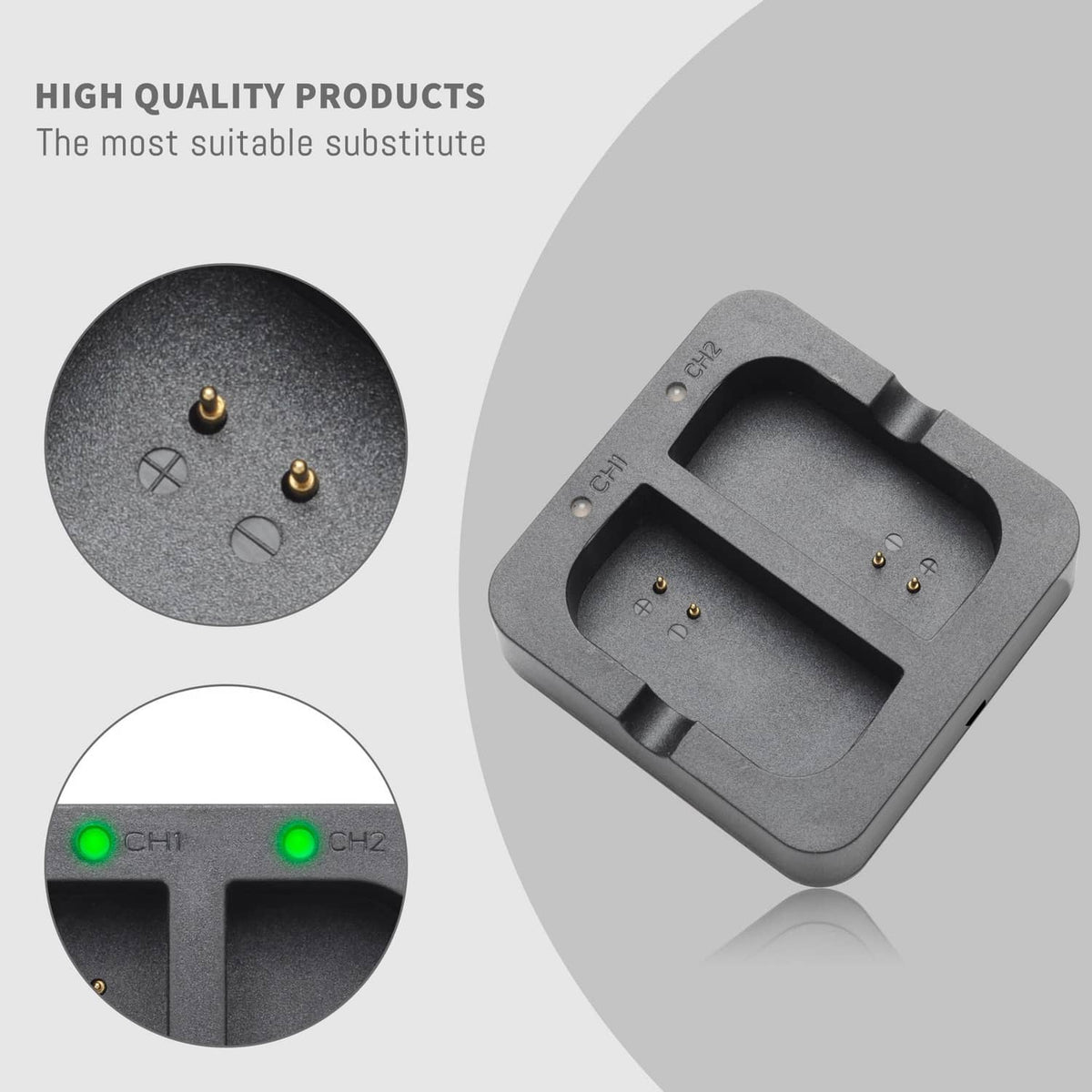 Two-slot battery charging cradle with visible metal contacts, dark gray
