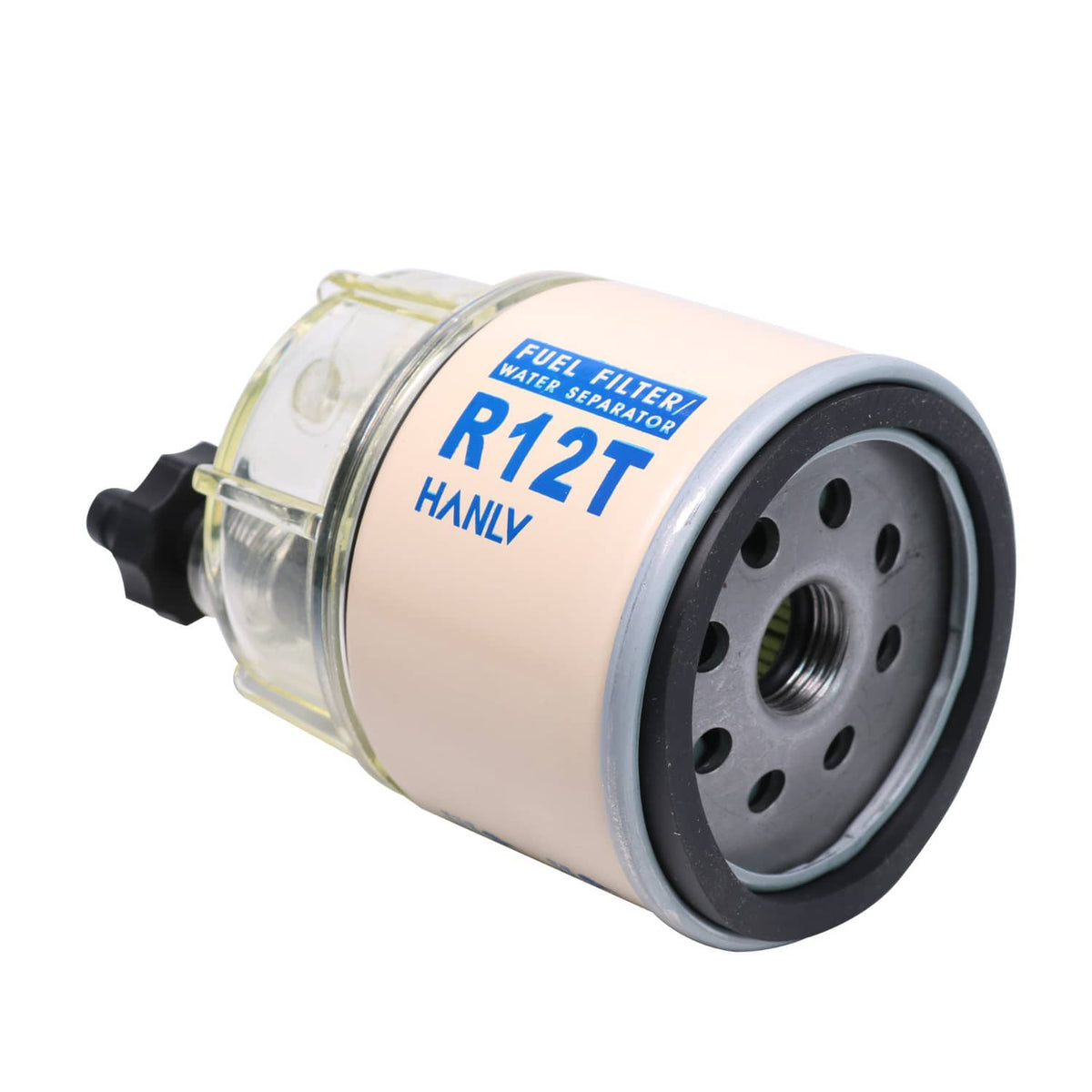 Fuel filter water separator spin-on with clear bowl and R12T label on beige canister