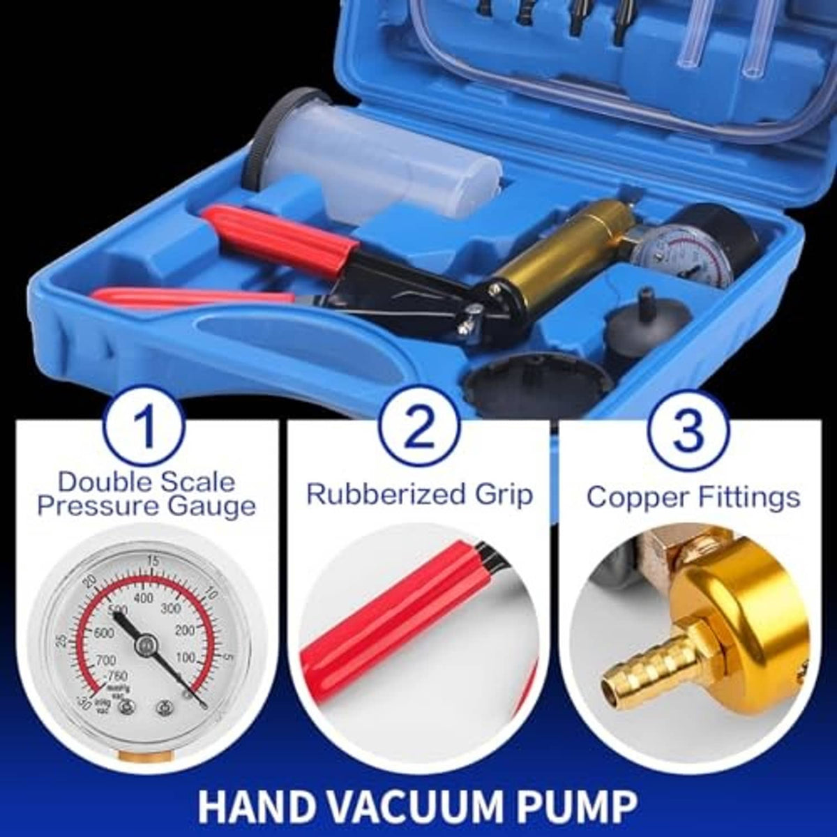 Hand vacuum pump assembly with dual-scale gauge and copper fittings in blue case
