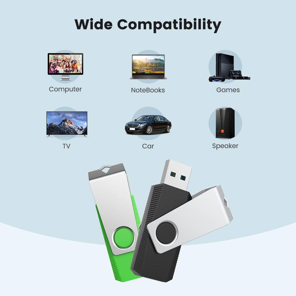 USB flash drives showing metal bodies in green, gray, and white with circular logo
