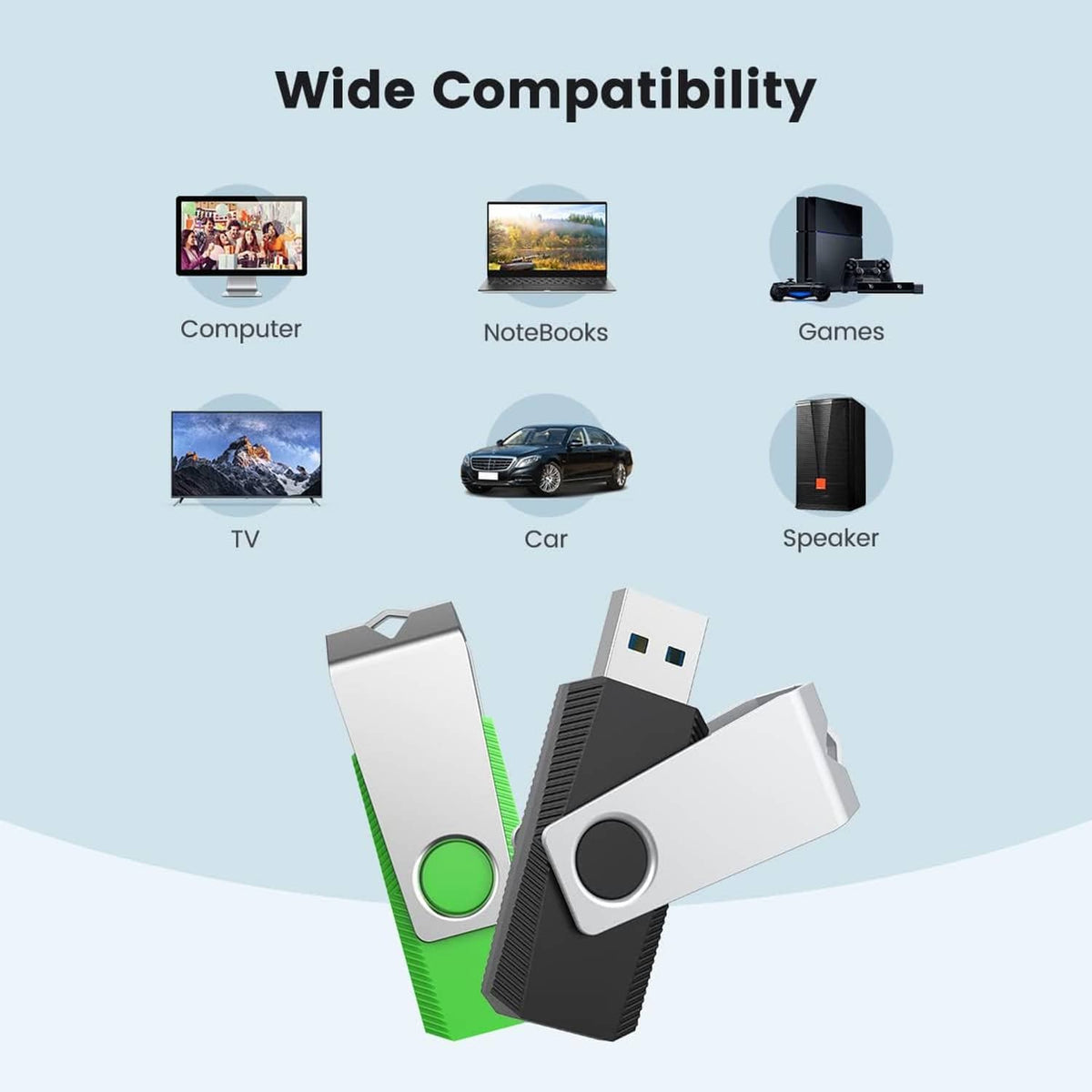 USB flash drives showing metal bodies in green, gray, and white with circular logo