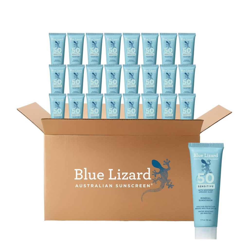 Blue Lizard mineral SPF 50 sunscreen tubes in carton, sensitive skin, 1 fl oz.