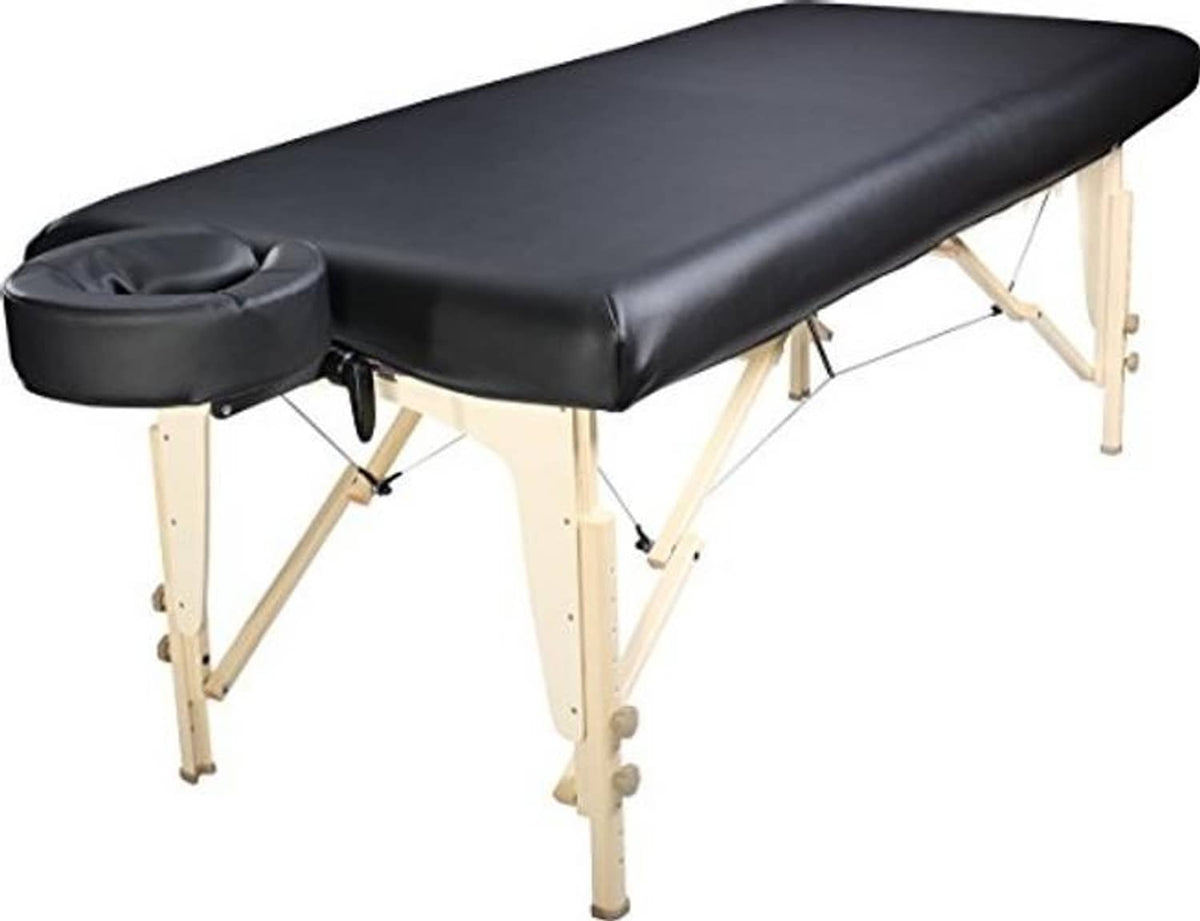 Black PU vinyl massage table cover with rolled bolster and stitched seams