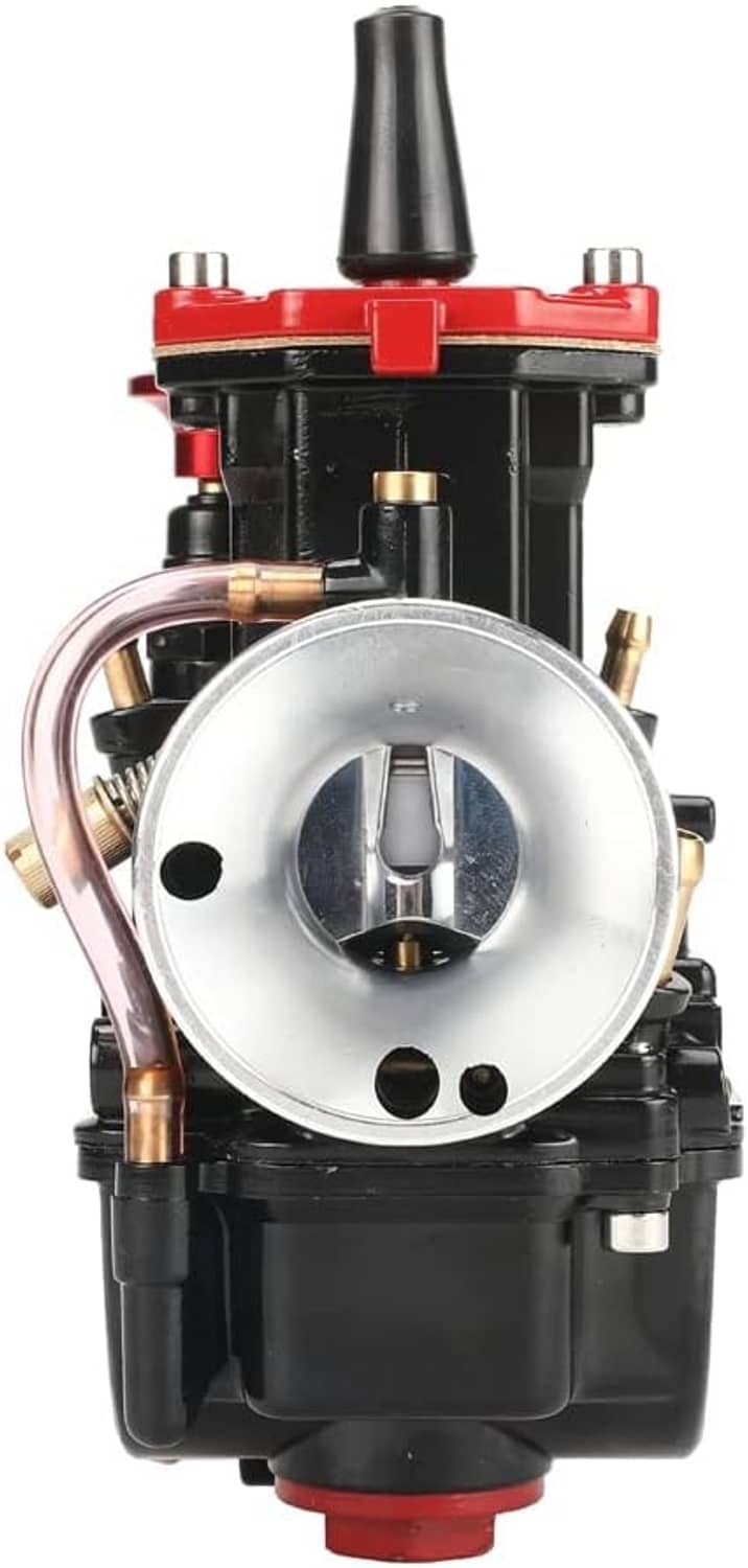 21mm motorcycle carburetor close-up with silver intake bell and red base accents