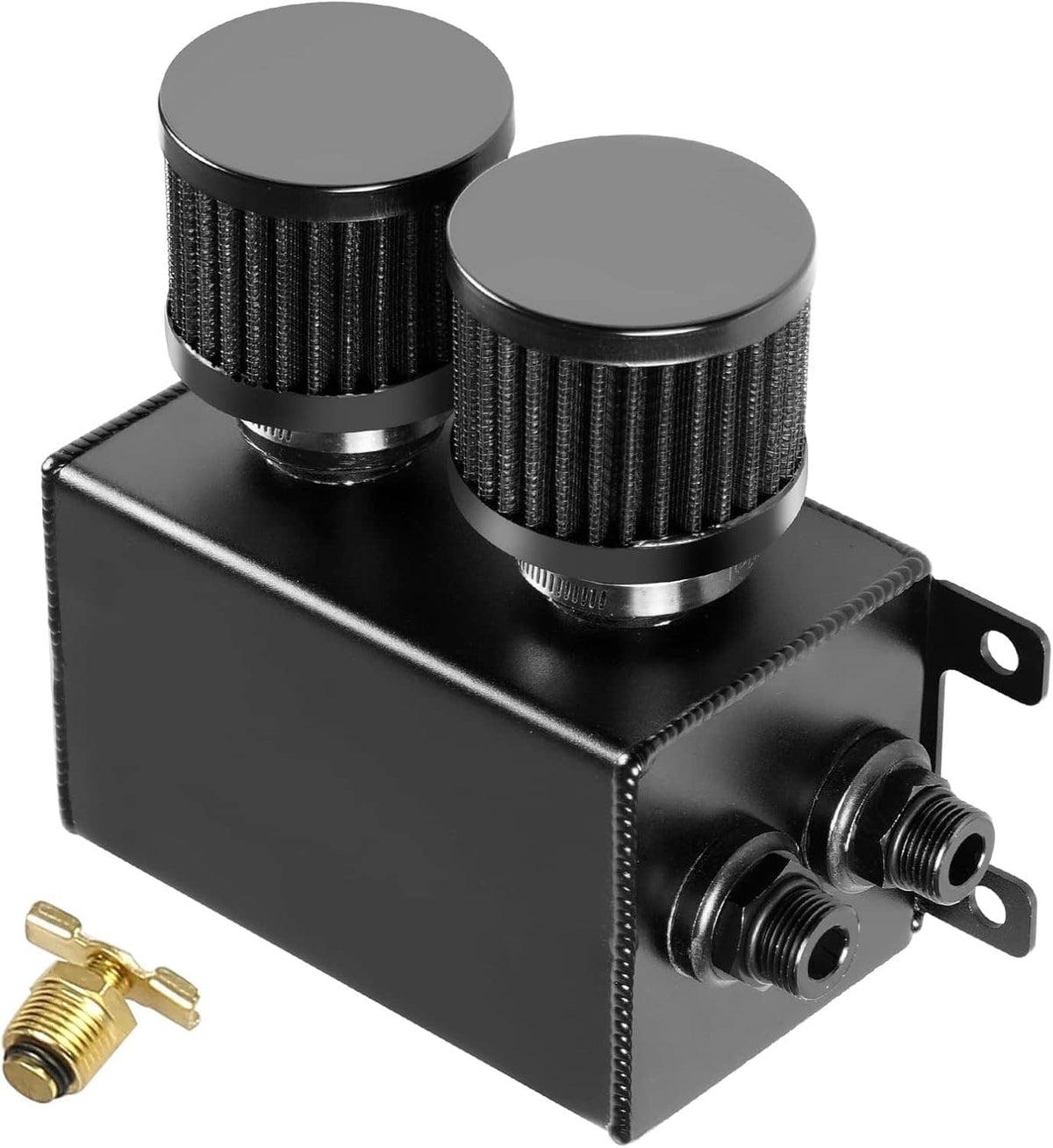 Dual breather oil catch can with two black filter tops and two port fittings, black tank
