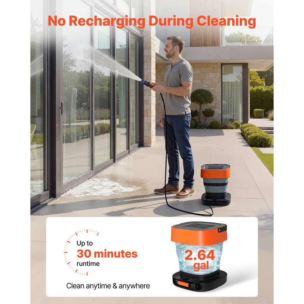 Portable cordless pressure washer with orange/gray body and hose while cleaning a window