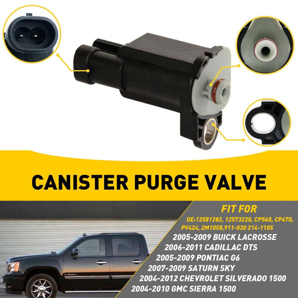 Canister purge valve with black body, white sensor face, and port fittings
