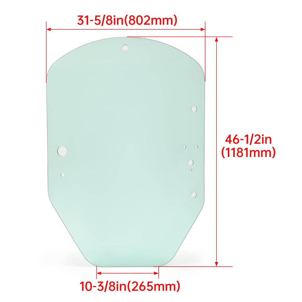 Cab door glass panel, rounded shape, with multiple mounting holes along edges.