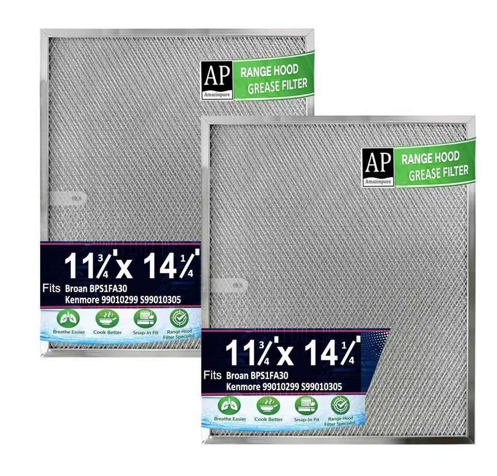2-pack range hood grease filters with gray metal mesh panels and blue frame trim