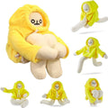 Yellow banana man plush toy with white face in yellow hooded cape