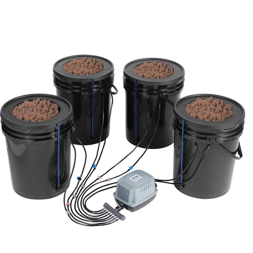 4-bucket DWC hydroponic buckets with pump unit and connected drip tubing