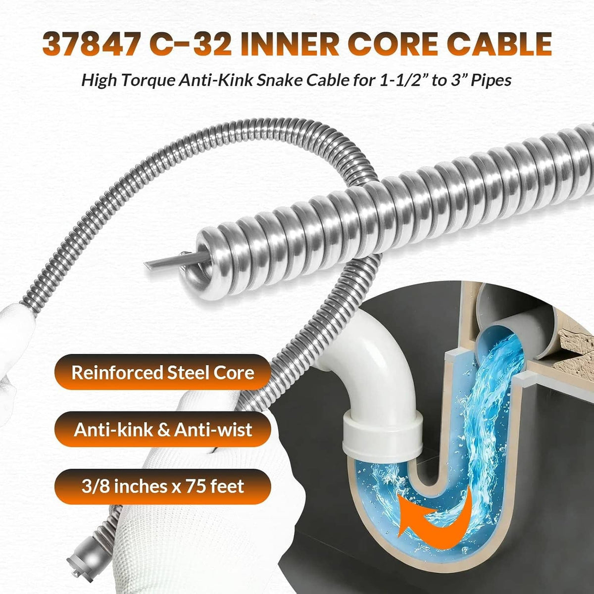 Coiled inner-core drain cleaning cable with metal screw-style auger tip