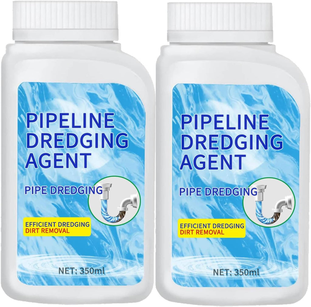 Two 350 ml white bottles labeled pipeline dredging agent with blue graphics