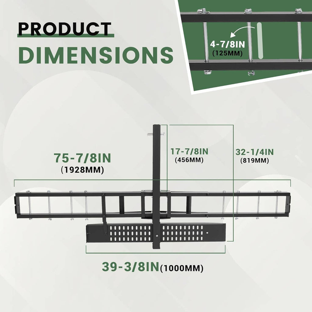 Motorcycle carrier rack showing overall dimensions on platform and hitch post