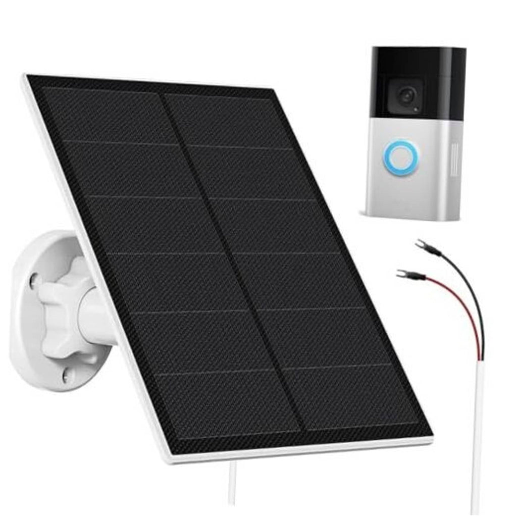 Solar panel charger with black panel and white frame, wall mount and power cable leads