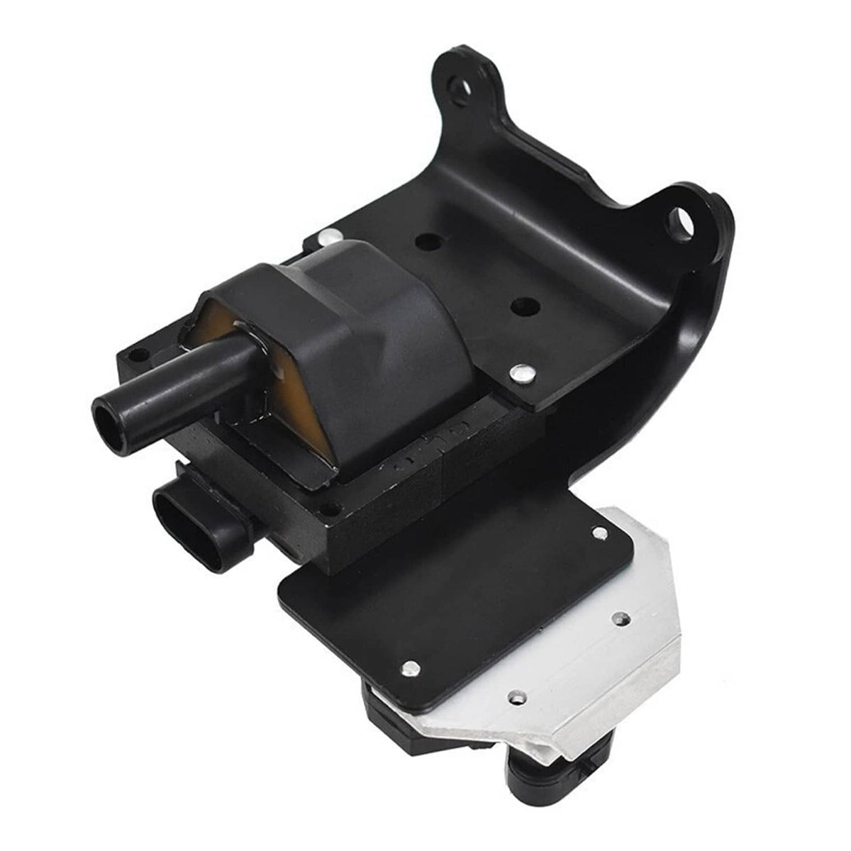 Black ignition coil module with outlet tube and mounting base plate