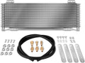 Transmission oil cooler assembly with braided hoses and fittings, showing finned core grille.