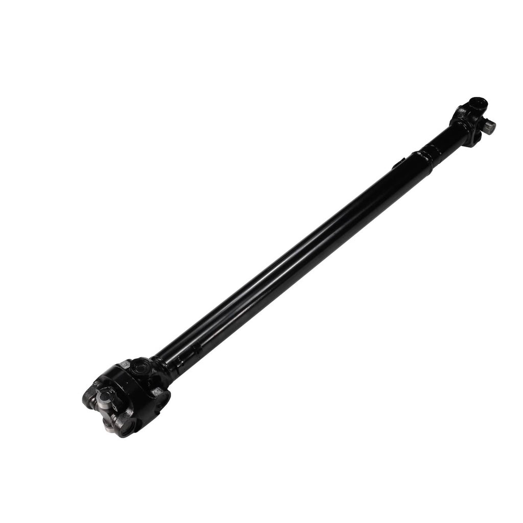 Front drive shaft assembly angled view, black metal shaft with end yokes