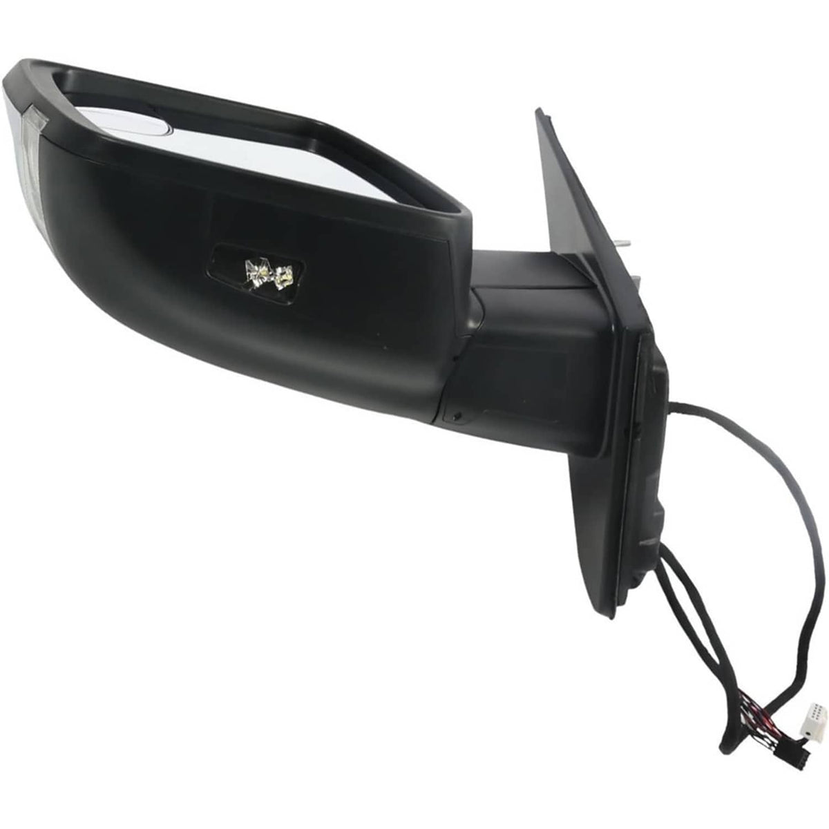 Left driver-side mirror housing with internal connector wiring, matte black finish