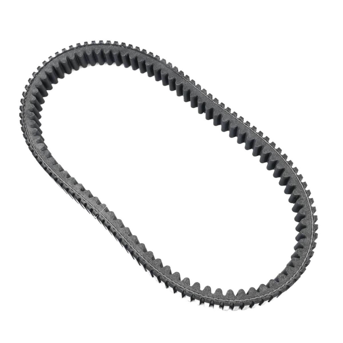 Black clutch drive belt looped diagonally with V-shaped gear teeth along the edges.