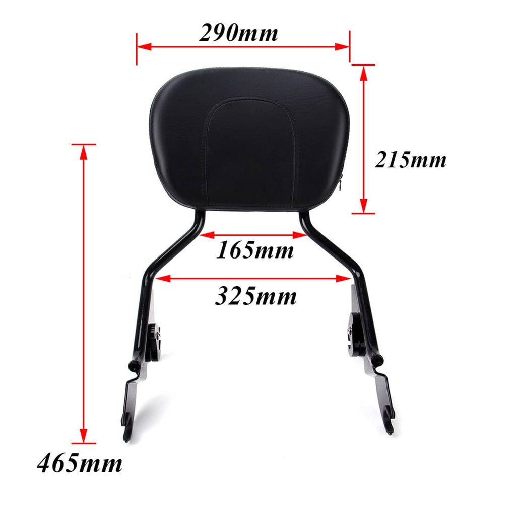Black padded sissy bar backrest with size measurement diagram
