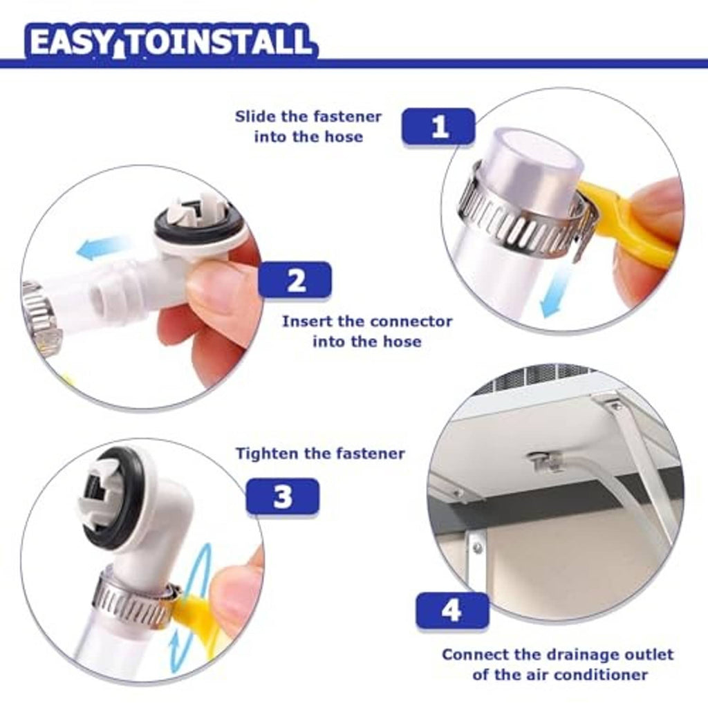 Mini-split drain hose connector installation kit: slide fastener, insert connector