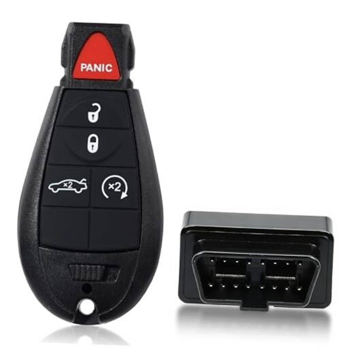 Black key fob remote replacement with Panic, lock, unlock buttons and key ring hole