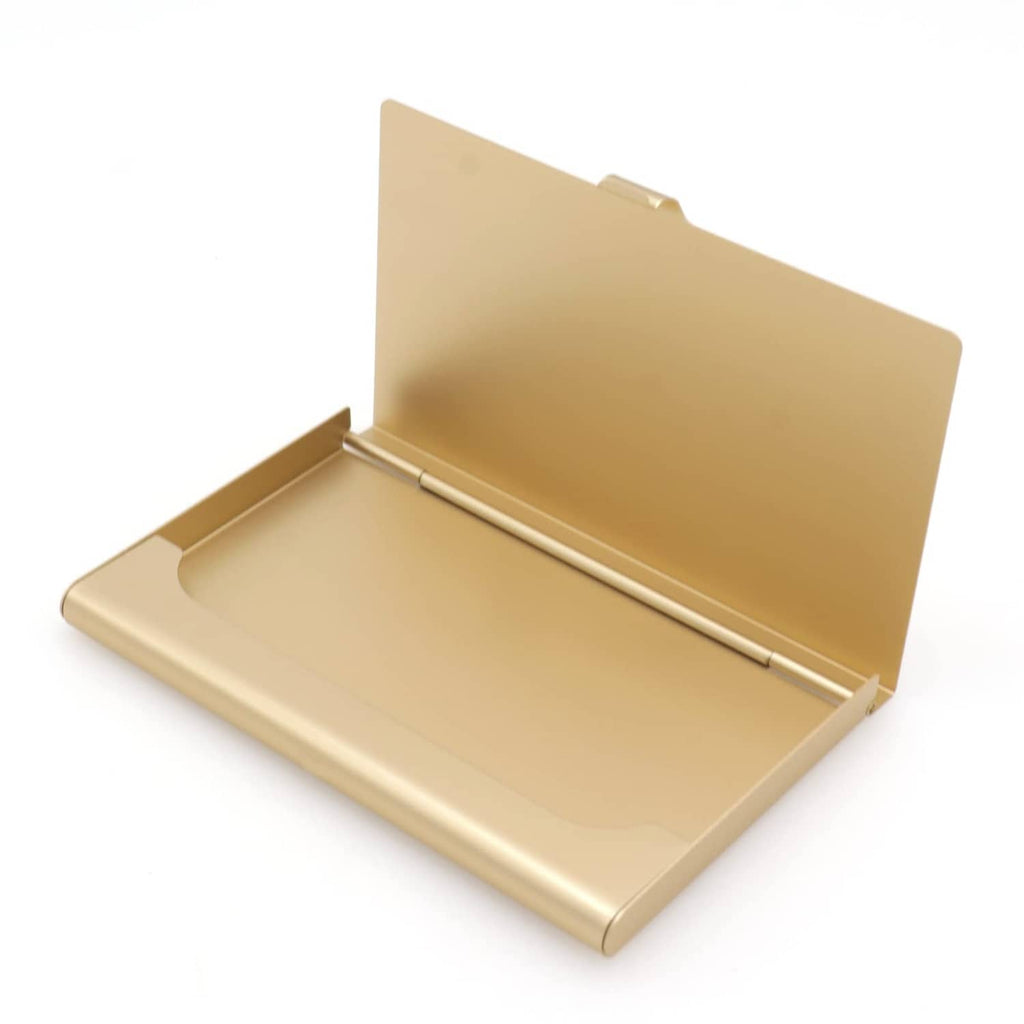 Gold aluminum business card holder open, slim interior with card slot dividers