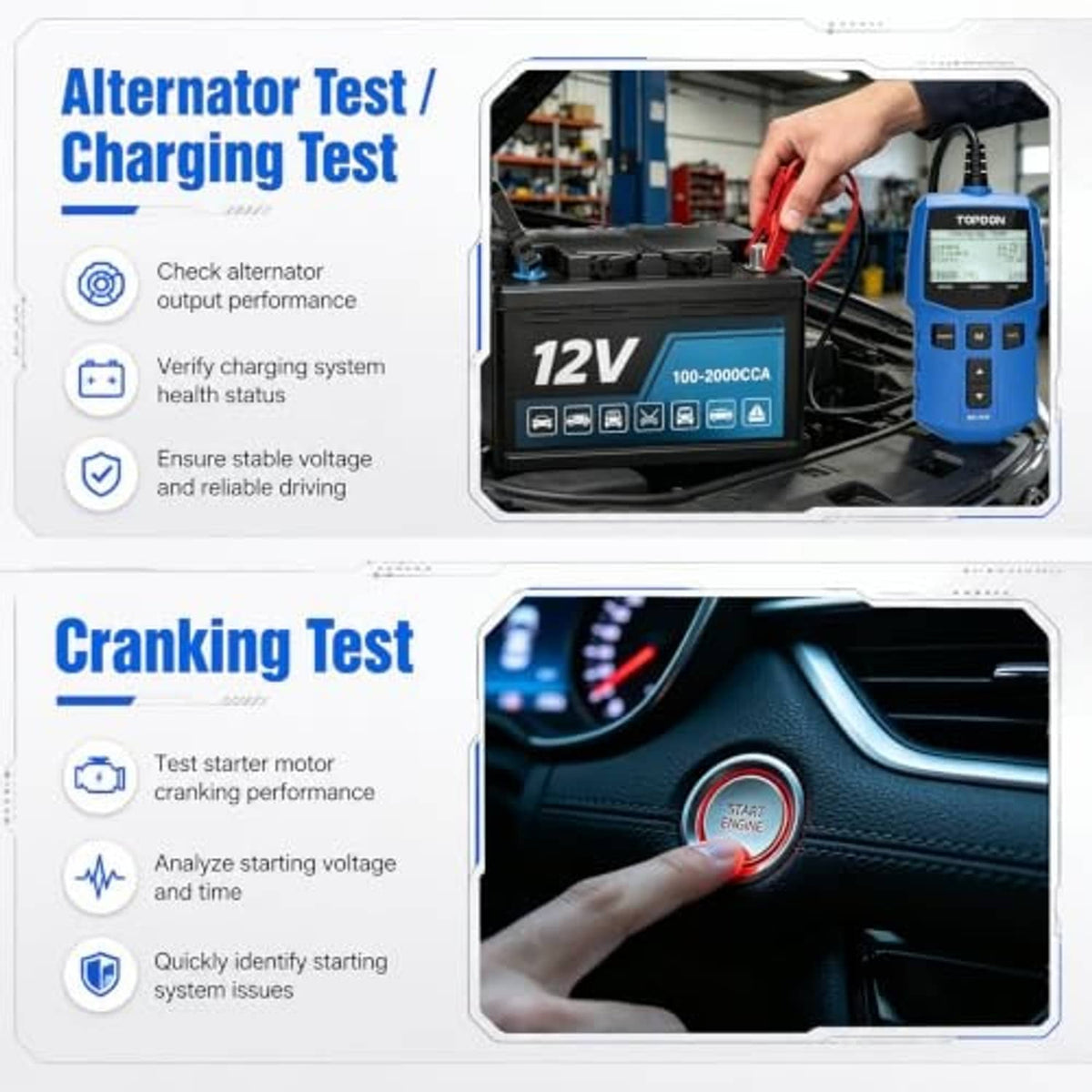 TOPDON battery tester performing alternator and cranking tests on a car battery