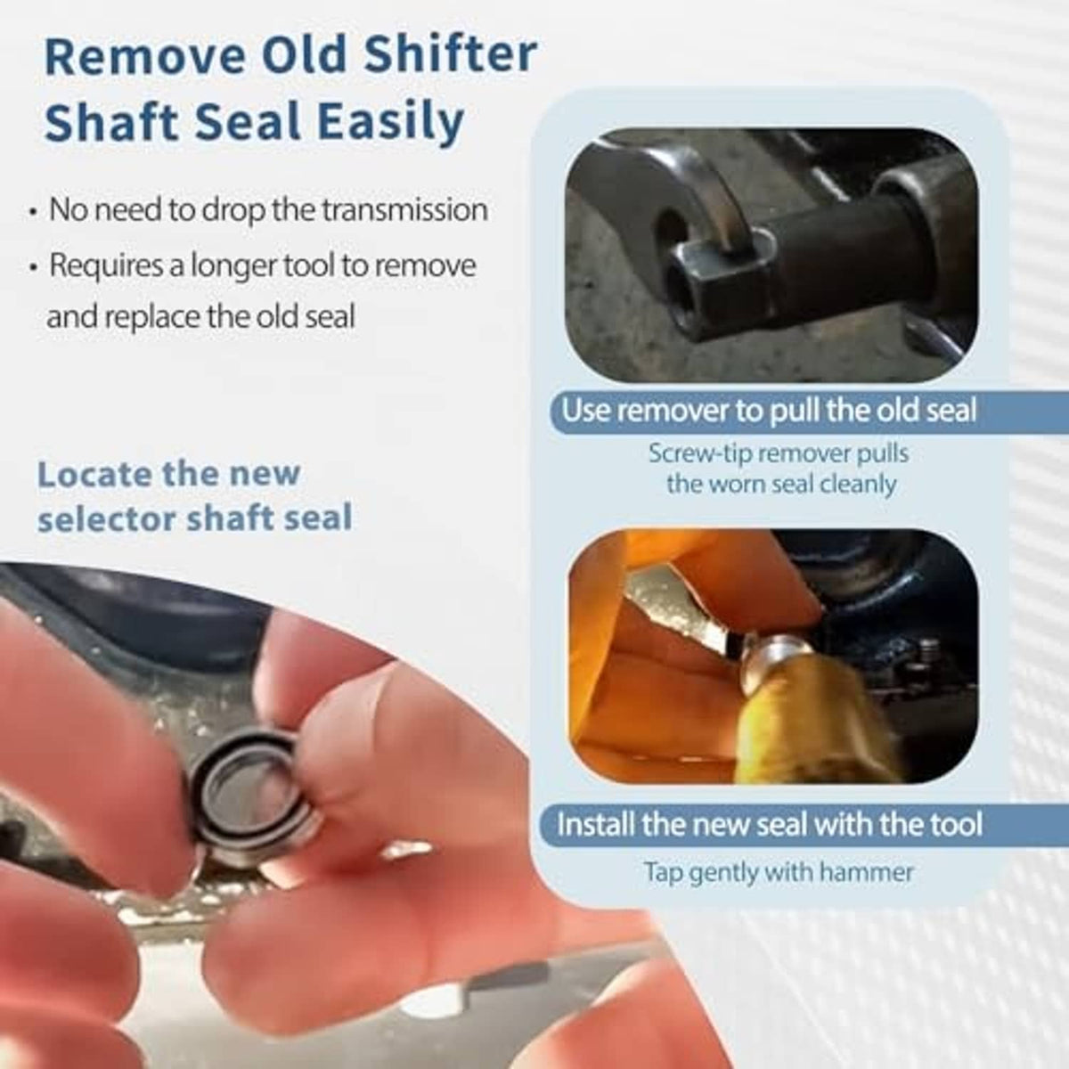 Transmission shift shaft seal remover and installer kit with seal ring and tool