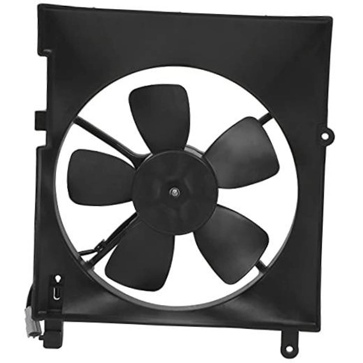 Radiator cooling fan assembly with five black blades and circular hub on mounting frame
