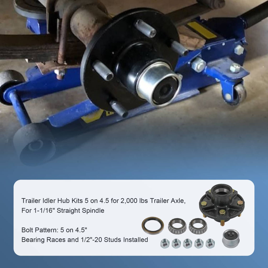 Trailer idler hub kit shown on axle end with hub flange and bearing assembly