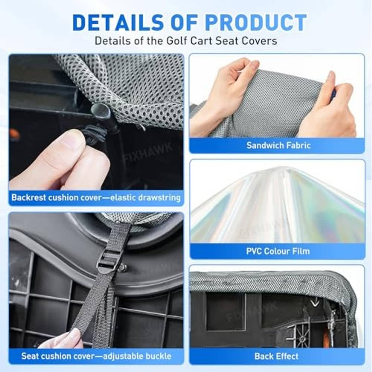 Gray sandwich fabric seat cover with elastic drawstring and adjustable buckle straps