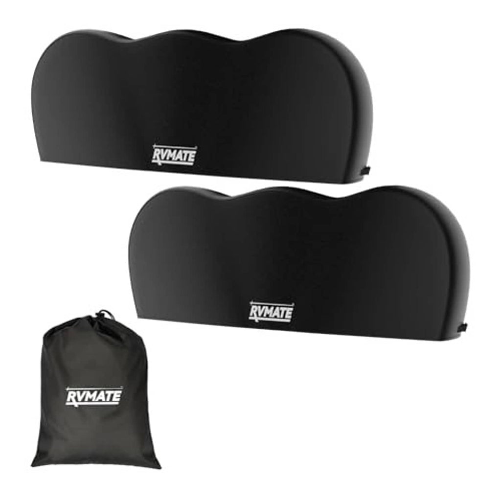 Black triple-axle tire covers with RVMATE logos, side-by-side pair