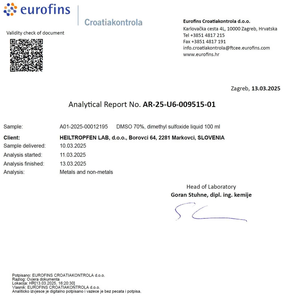 Analytical report document page with sample details and client information