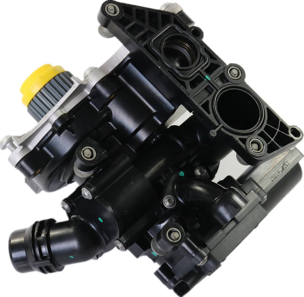 Water pump thermostat housing with yellow cap, black fittings, and integrated coolant outlets