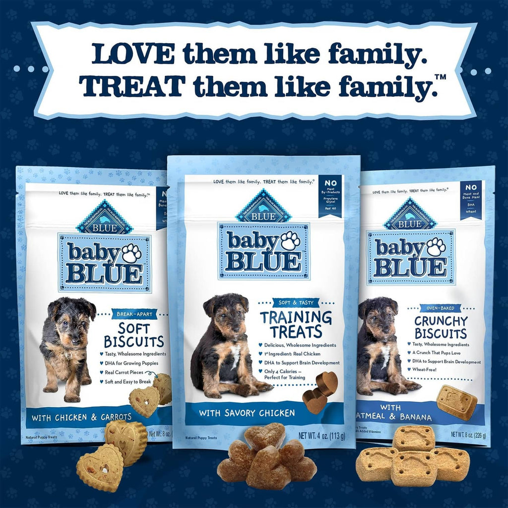 assorted baby BLUE puppy treat pouches with training treat pieces