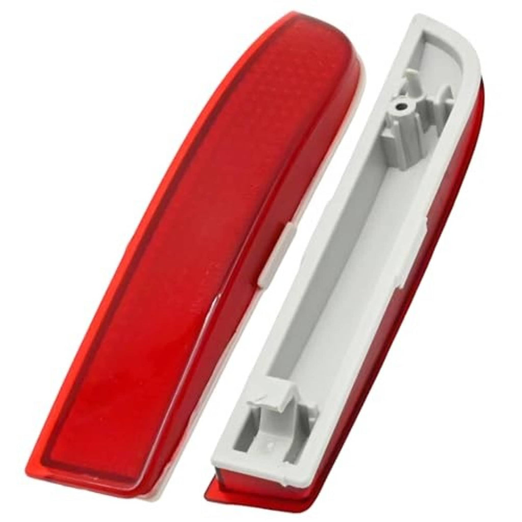 Red rear bumper reflector light with exposed white mounting housing and tabs