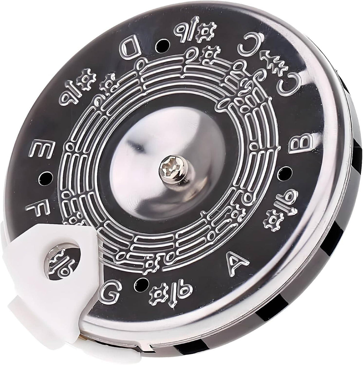Chromatic pitch pipe tuner with circular note chart and adjustable white mouthpiece