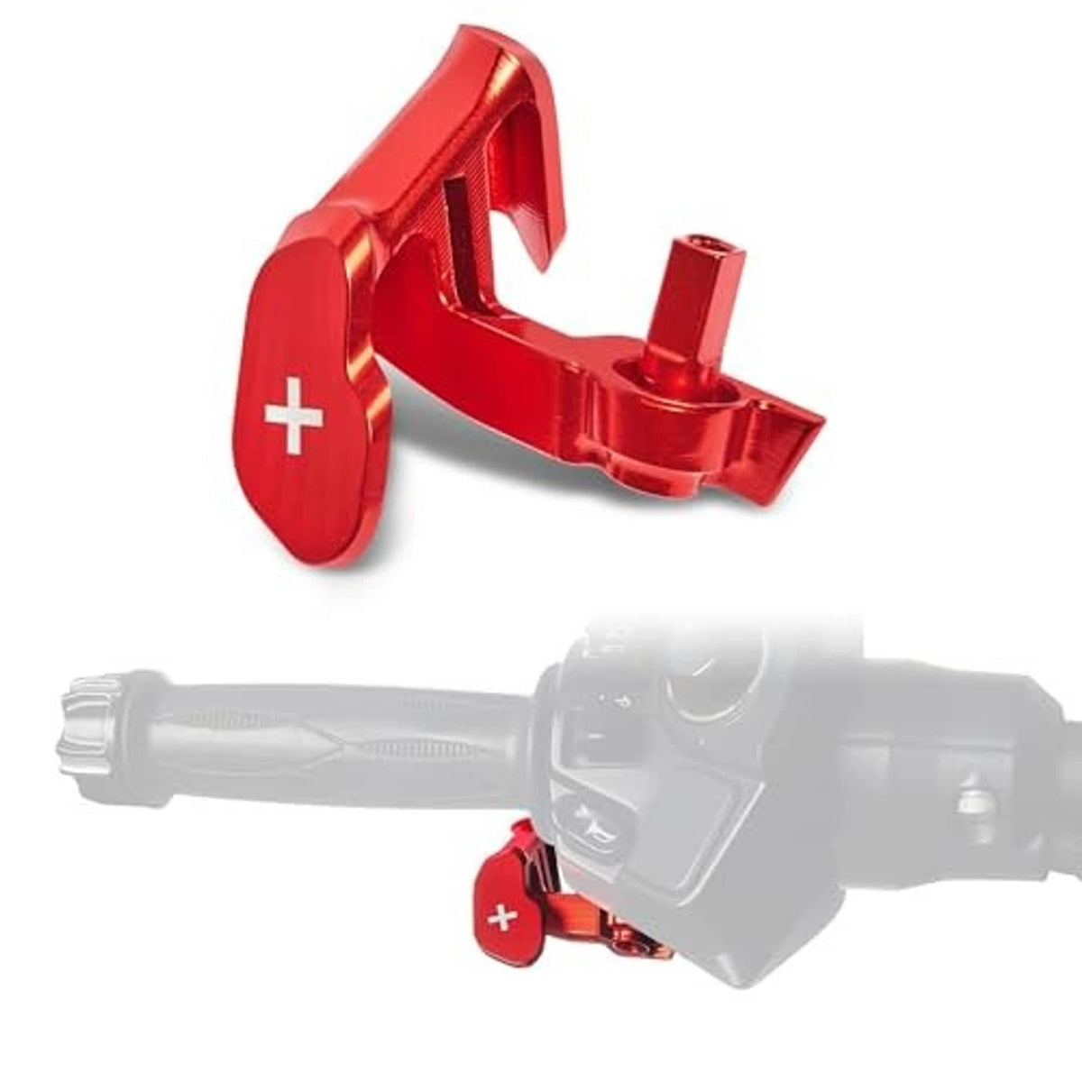 Red aluminum thumb throttle shift paddle lever with plus (+) and visible mounting base