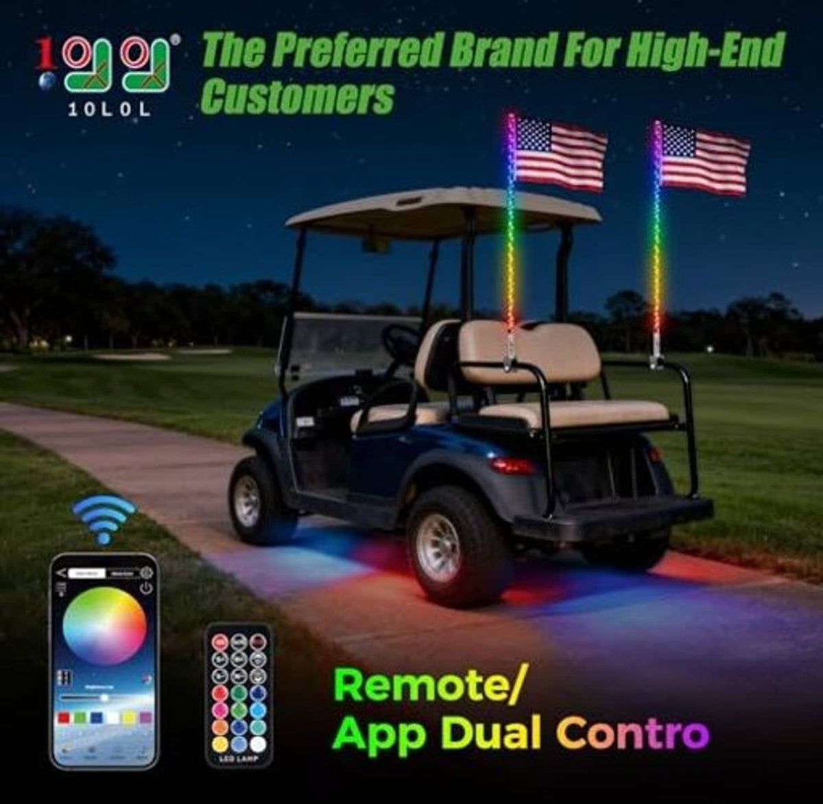 RGB golf cart whip lights casting colorful beams from cart-mounted poles