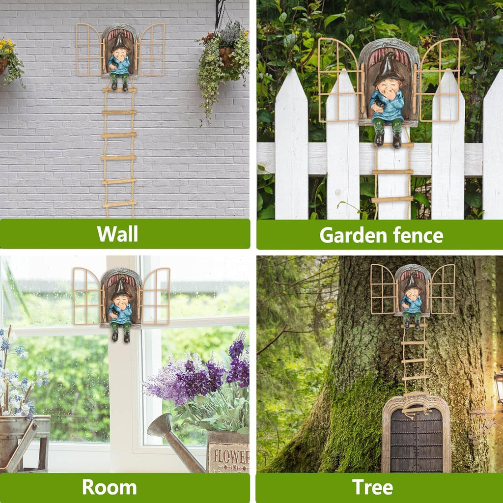 Garden gnome ladder decor displayed on wall, fence, window, and tree