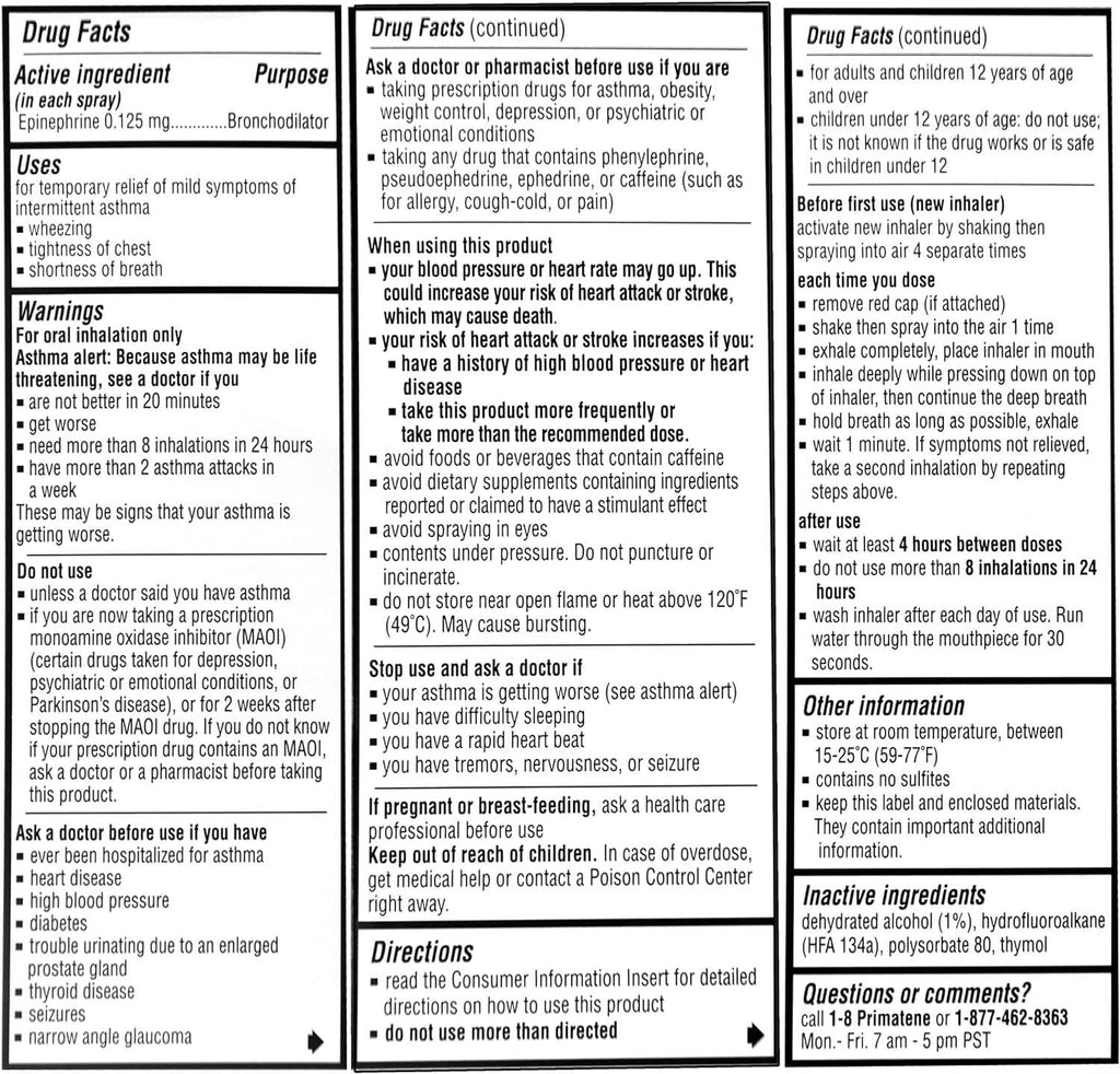 Epinephrine asthma inhaler canister with Drug Facts information label panels